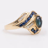 Anello vintage in oro 14K con zaffiri e diamanti, anni '70