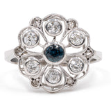 Anello antico in oro bianco 8k e argento con zaffiro e diamanti taglio vecchio (0,45ctw), anni '30