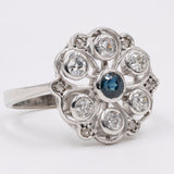 Anello antico in oro bianco 8k e argento con zaffiro e diamanti taglio vecchio (0,45ctw), anni '30