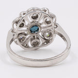 Anello antico in oro bianco 8k e argento con zaffiro e diamanti taglio vecchio (0,45ctw), anni '30