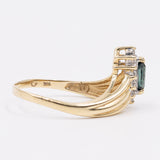 Anello vintage a "V" in oro giallo 14k con zaffiro marquise e diamanti, anni '70