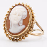 Anello vintage in oro giallo 9k con cammeo su conchiglia, anni '60