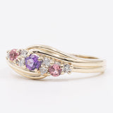 Anello vintage in oro giallo 9K con quarzi rosa, ametista e diamanti