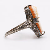 Anello antico in oro 14k e argento on cammeo su conchiglia, anni 20