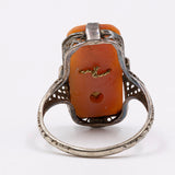 Anello antico in oro 14k e argento on cammeo su conchiglia, anni 20