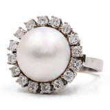 Anello vintage in oro bianco 14k con perla mabè e diamanti (1ctw), anni '60