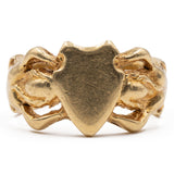 Anello vintage in oro giallo 18k raffigurante due sirene e uno stemma, anni '60