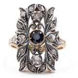 Anello vintage in stile antico in oro giallo 18K e argento con zaffiri e diamanti di taglio rosa