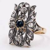 Anello vintage in stile antico in oro giallo 18K e argento con zaffiri e diamanti di taglio rosa