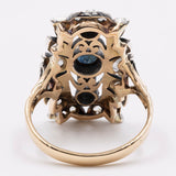 Anello vintage in stile antico in oro giallo 18K e argento con zaffiri e diamanti di taglio rosa