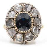 Anello a margherita in stile antico in oro giallo 18k e argento con zaffiro (1,5ct) e diamanti taglio rosa