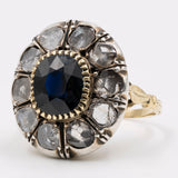 Anello a margherita in stile antico in oro giallo 18k e argento con zaffiro (1,5ct) e diamanti taglio rosa