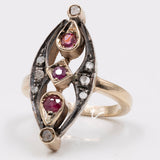 Anello in stile antico a navette in oro giallo 14k e argento con rubini e diamanti taglio rosetta