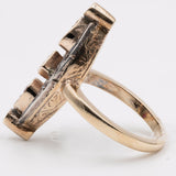 Anello in stile antico a navette in oro giallo 14k e argento con rubini e diamanti taglio rosetta