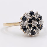 Anello vintage a fiore in oro giallo e bianco 9k con zaffiri e diamanti, anni '50