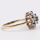 Anello vintage a fiore in oro giallo e bianco 9k con zaffiri e diamanti, anni '50