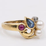 Anello vintage in oro 9k con diamante, rubino, zaffiro e perline. Anni '70