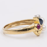 Anello vintage in oro 9k con diamante, rubino, zaffiro e perline. Anni '70