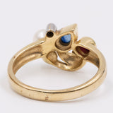 Anello vintage in oro 9k con diamante, rubino, zaffiro e perline. Anni '70