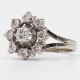 Anello vintage a fiore in oro bianco 18k e platino con diamanti (0,72ctw), anni '40/'50