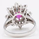 Anello vintage a fiore in oro bianco 14k con rubino (0,90ct) e diamanti (1,10ctw), anni '70