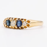 Anello vintage in oro giallo 14k con diamanti taglio antico (0,14ct) e zaffiri (0,30ct), anni '50