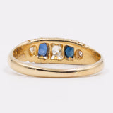 Anello vintage in oro giallo 14k con diamanti taglio antico (0,14ct) e zaffiri (0,30ct), anni '50