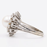 Anello vintage a fiore in oro 18k con perla e diamanti (1ctw), anni '60