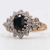 Anello vintage in oro giallo 9k con zaffiro e diamanti