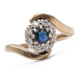 Anello vintage in oro giallo 9k con zaffiro e diamanti