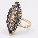 Anello vintage a navette in oro 14k con zaffiri e diamanti, anni '50