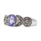 Anello vintage in oro bianco 9k con tanzanite e diamanti