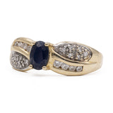 Anello vintage in oro giallo 14k con zaffiro e diamanti, anni '80