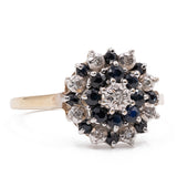 Anello vintage in oro giallo 9k a fiore con zaffiri e diamanti