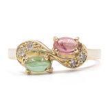 Anello vintage in oro giallo 14k con tormalina rosa e verde e diamanti, anni '70