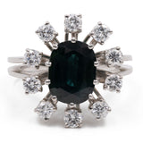 Anello vintage a margherita in oro bianco 14k con zaffiro (2,80ct) e diamanti (0,80ctw), anni '70