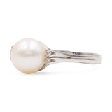 Anello vintage in oro bianco 18k con perla e diamanti, anni '60