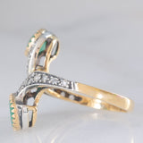Anello contrarier vintage in stile antico in oro giallo 18K e argento con smeraldi (1.20ctw ca.) e diamanti di taglio rosetta (0.24ctw ca.), anni ‘60