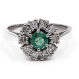 Anello vintage a margherita in oro bianco 14k con smeraldo (0,30ct) e diamanti (0,40ctw)