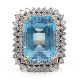 Anello vintage da cocktail in oro giallo e bianco 18k con topazio azzurro (20ct) e diamanti (1,70ctw), anni '70