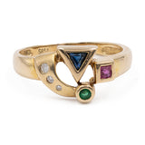 Anello vintage in oro giallo 14k con zaffiro, rubino, smeraldo e diamanti, anni '70