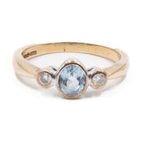 Anello vintage in oro giallo 9k con diamanti (0,08ctw) e acquamarina (0,30ct)