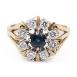 Anello vintage a margherita in oro giallo 14k con zaffiro (0,60ct) e diamanti (0,64ctw), anni '70