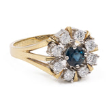 Anello vintage a margherita in oro giallo 14k con zaffiro (0,60ct) e diamanti (0,64ctw), anni '70