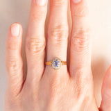 Anello a margherita vintage in oro giallo e bianco 9K con zaffiro (0.50ct ca.) e diamanti (0.08ctw ca.), anno 1991