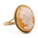 Anello vintage in oro giallo 18k con cammeo su conchiglia, anni '60