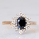 Anello a margherita vintage in oro giallo 9K con zaffiro (1ct ca.) e diamanti di taglio brillante (0.33ctw ca.), anno 1987