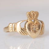 “Amicizia, amore, lealtà” Anello Claddagh vintage in oro giallo 9K con diamante