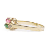 Anello vintage in oro giallo 14k con tormalina rosa e verde e diamanti, anni '70