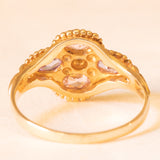 Anello vintage in oro giallo 9K con zirconi cubici rosa e viola e con zircone cubico bianco, anni ‘60/‘70